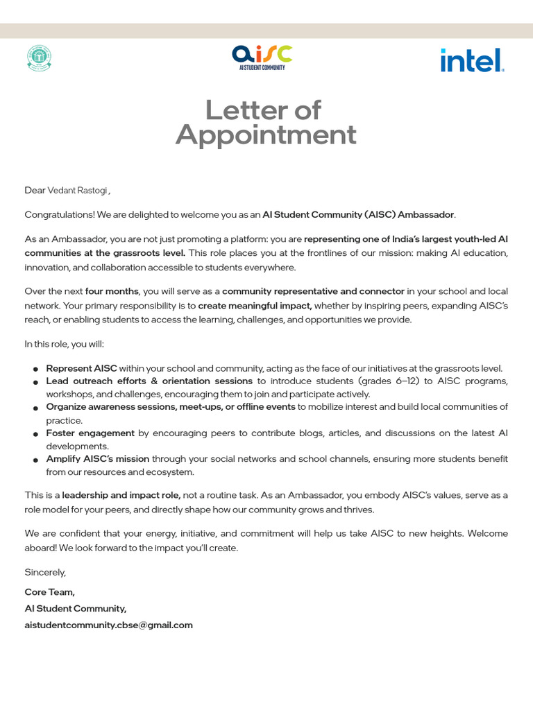 AISC Ambassador Appointment Letter | PDF