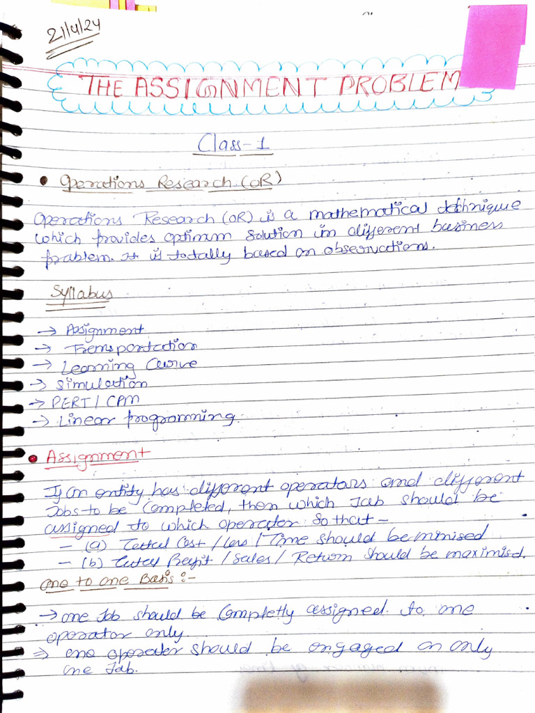 Assignment Problem Class Notes of Rajeev Bhargav | PDF