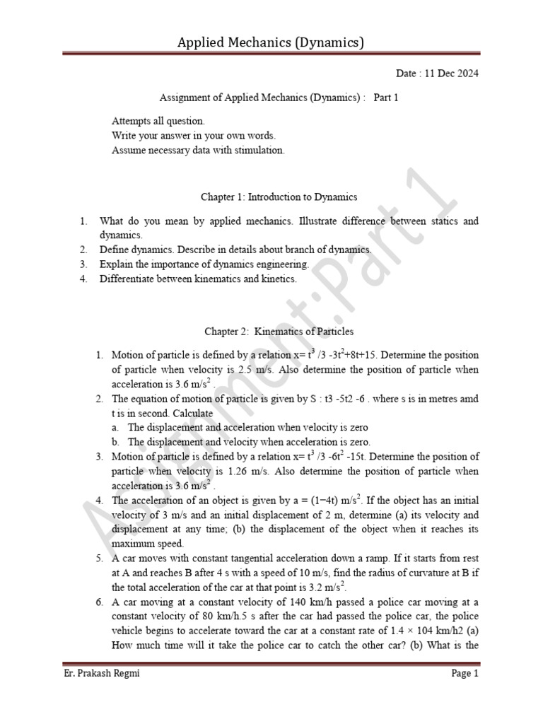 Dynamics Assignment Overview | PDF | Acceleration | Velocity