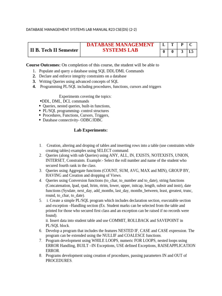 Database Management Systems Lab Manual | PDF | Control Flow ...