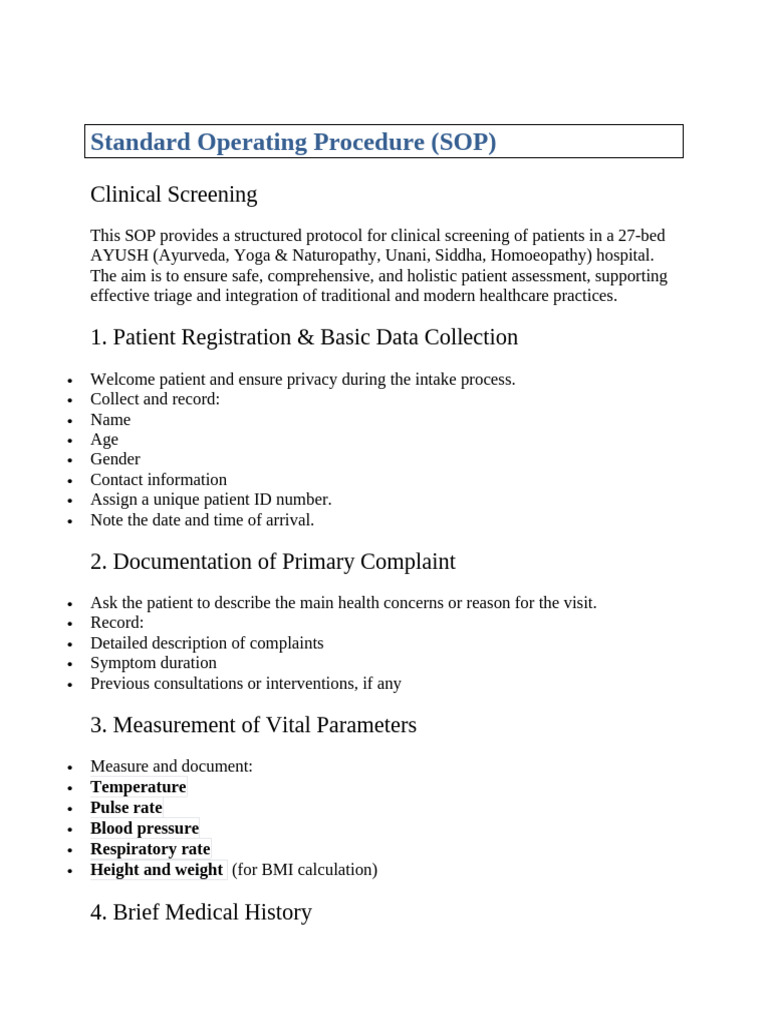 AYUSH Hospital Clinical Screening SOP | PDF | Ayurveda | Screening ...