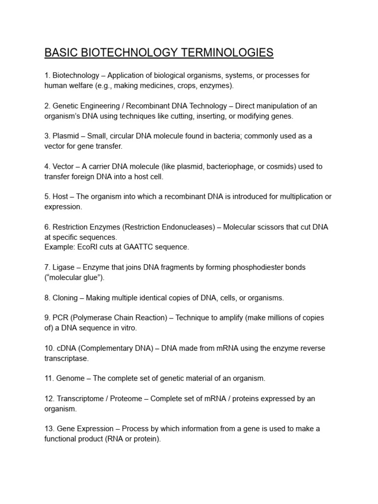 Basic Biotechnology Terminologies | PDF | Molecular Cloning | Plasmid