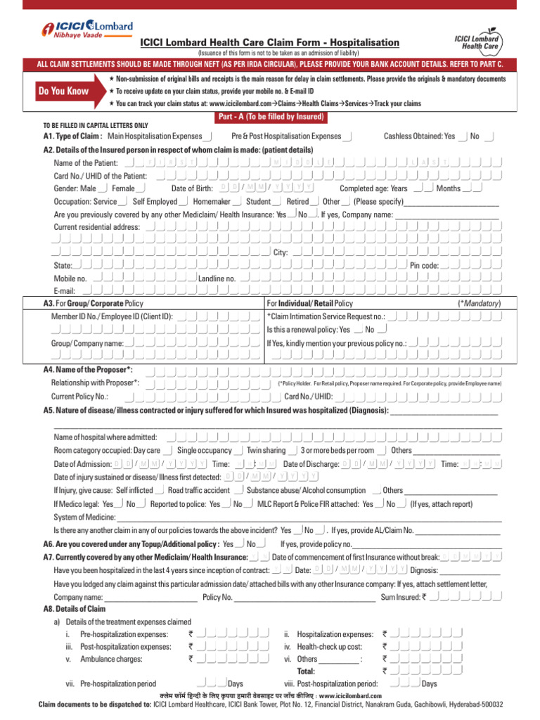 ICICI Lombard Hospitalization Claim Form | PDF | Hospital | Medicine