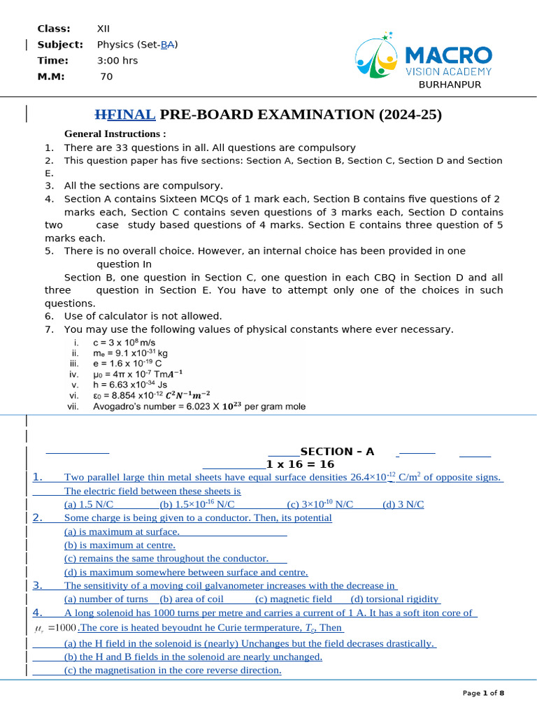 XII Physics Pre-Board Exam 2024-25 | PDF | Capacitor | Inductance