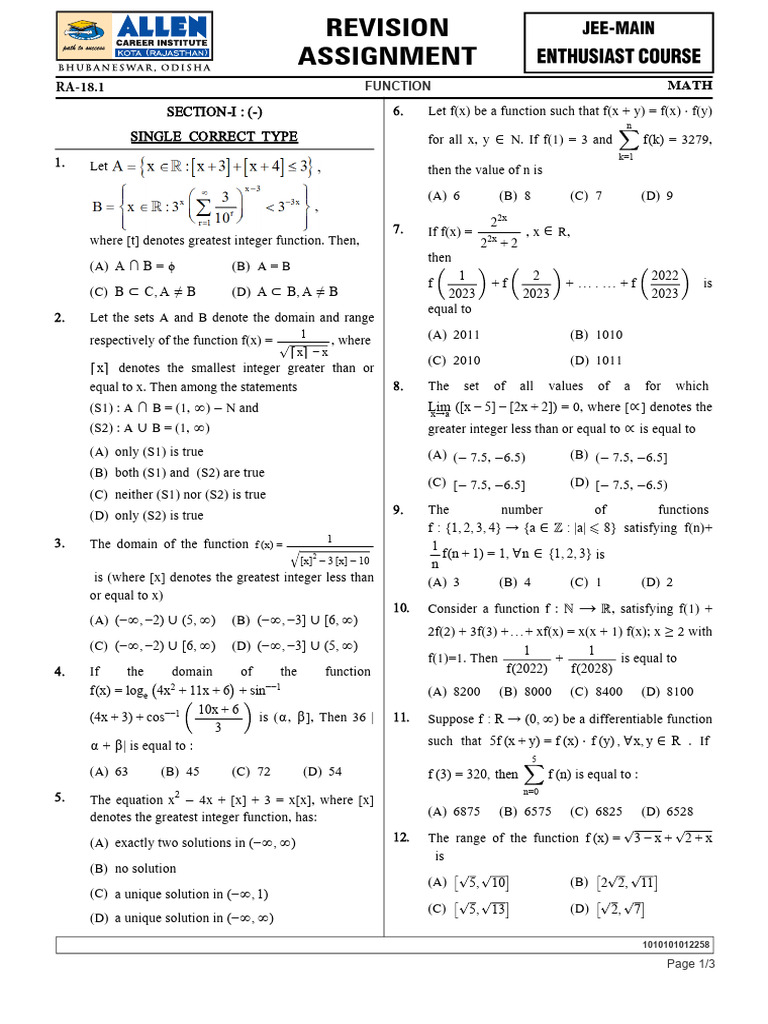 Math Function Revision Assignment | PDF | Function (Mathematics) | Infinity