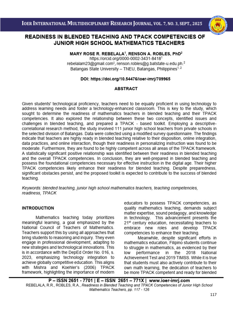 Readiness in Blended Teaching and TPACK Competencies of Junior High ...