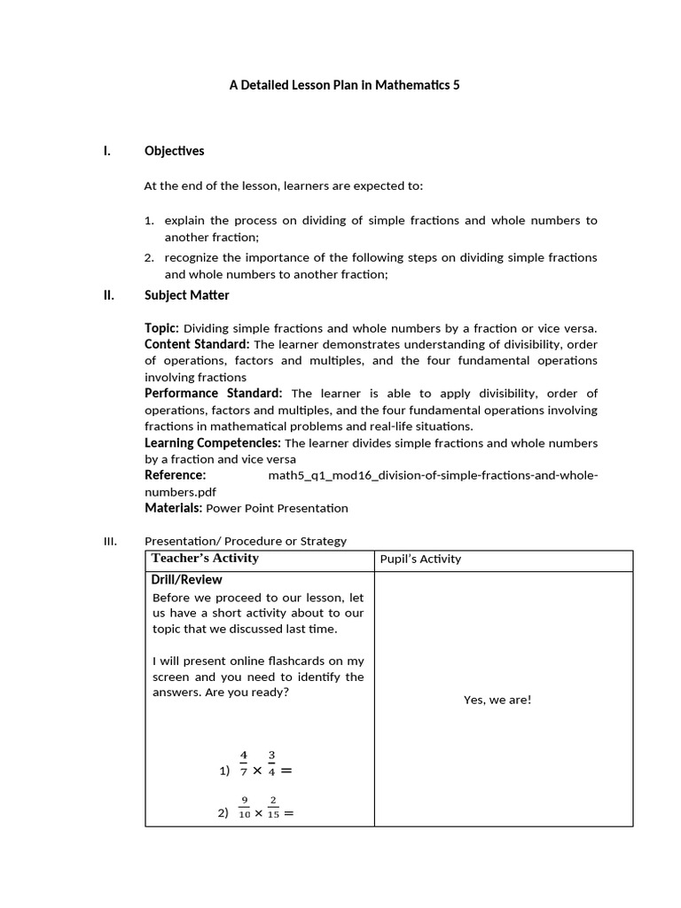 Dividing Fractions Lesson Plan | PDF | Lesson Plan | Learning