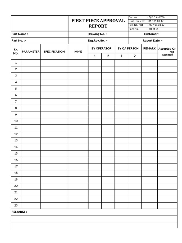 First Piece Approval Report Template | PDF