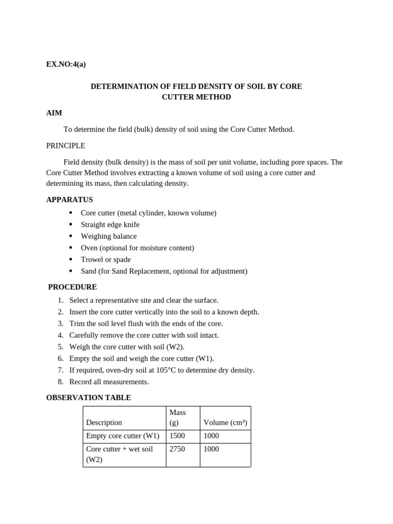 Core Cutter Method for Soil Density | PDF