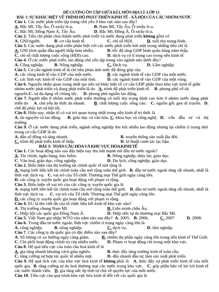 Đề Ôn Giữa Kì 1 11 | PDF