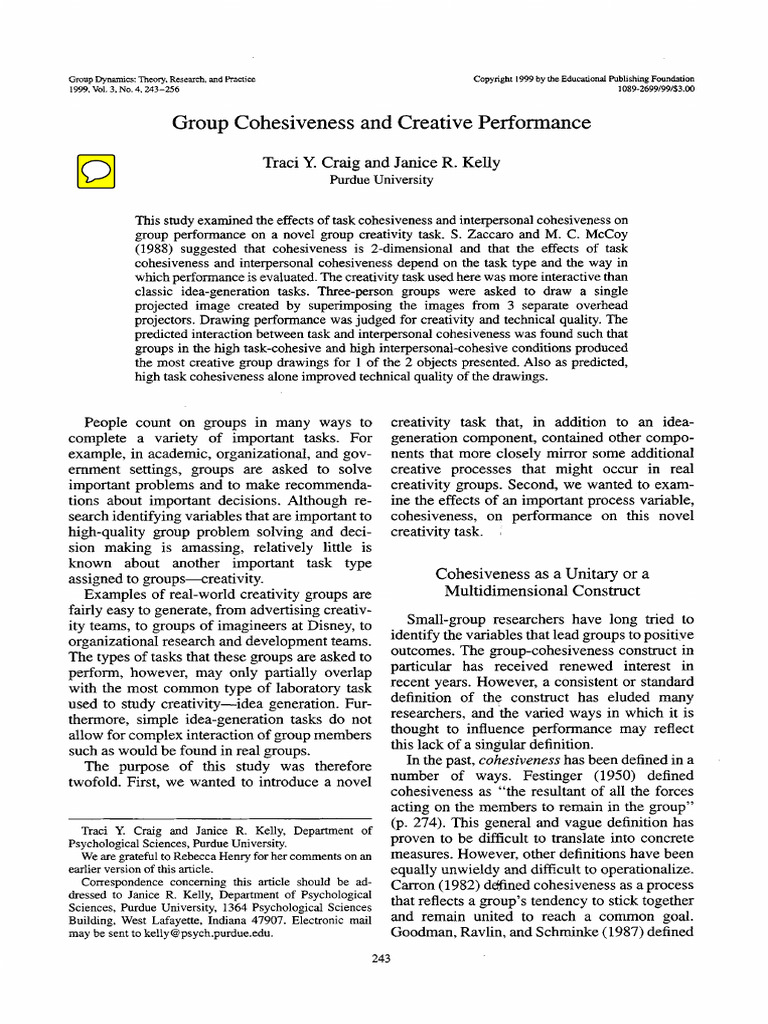 Craig & Kelly, 1999 - Group Cohesiveness and Creative Performance | PDF