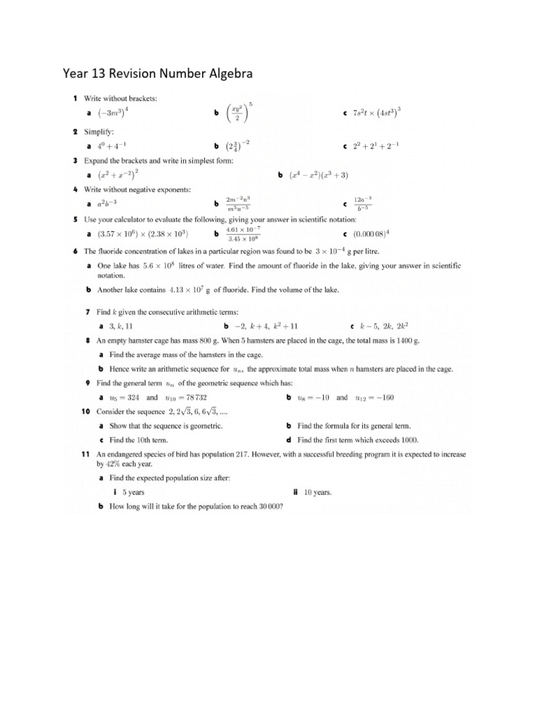 IB Math Year 12 Topic 1 Revision Sheet | PDF