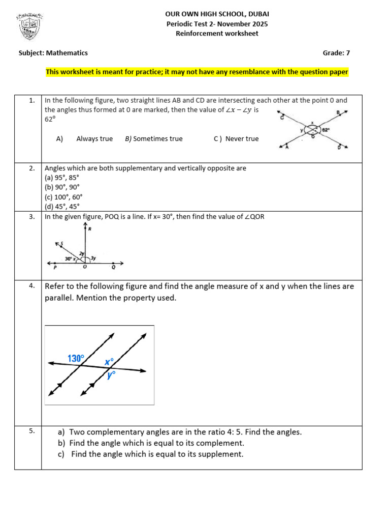 Grade 7 Math Reinforcement Worksheet | PDF | Angle | Elementary Geometry