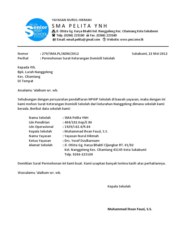 Surat Permohonan Domisili Sekolah Pdf