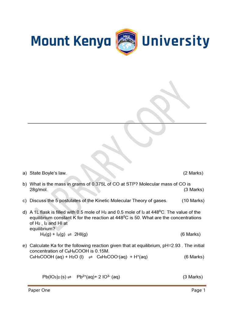 Physical Chemistry I Exam Questions | PDF | Chemical Equilibrium ...