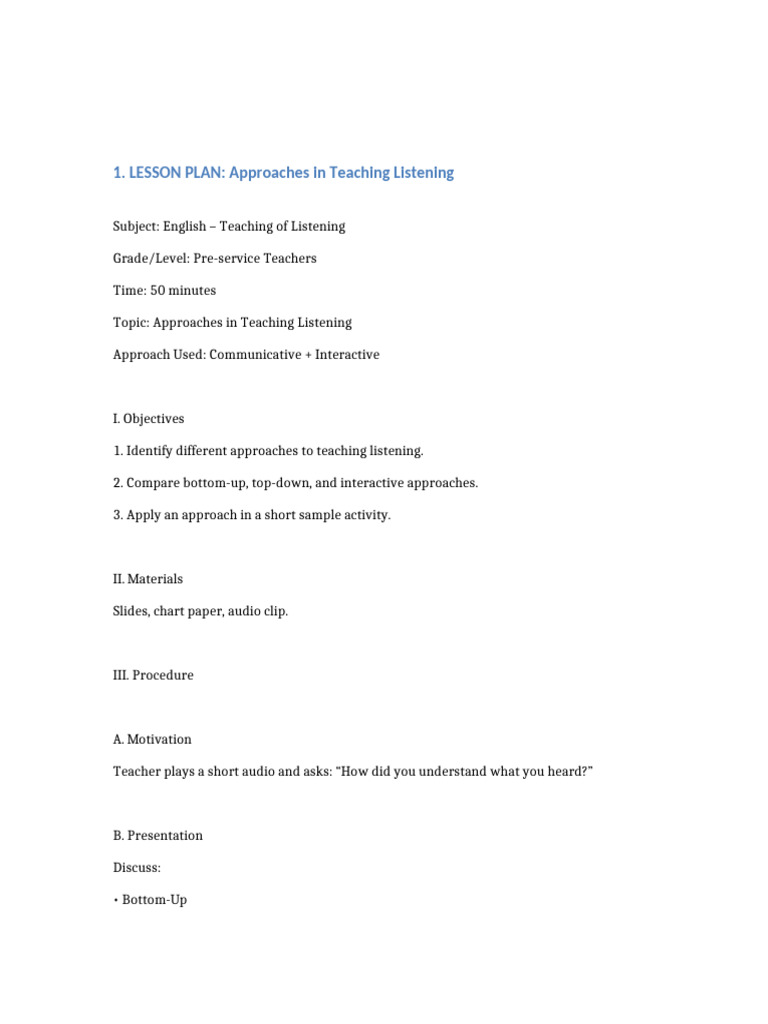 Teaching Listening: Lesson Plans & Strategies | PDF | Lesson Plan ...