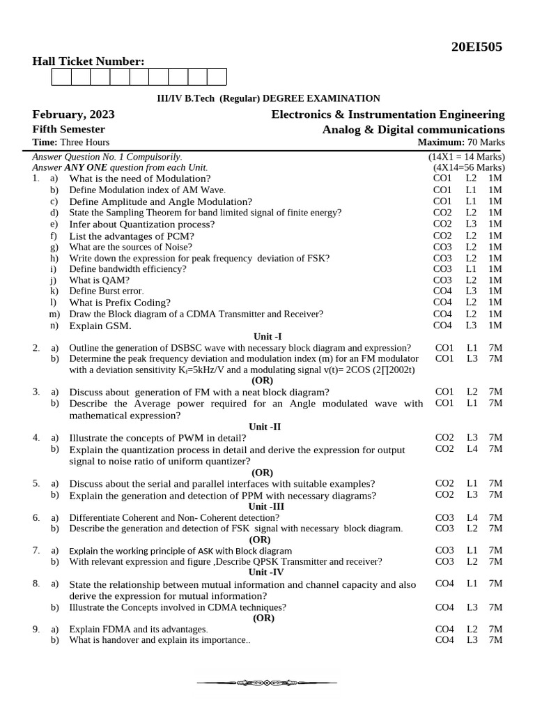 B.Tech Exam: Analog & Digital Communications | PDF | Frequency ...