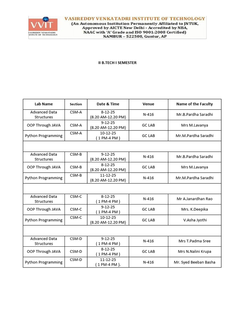 CSE AI & ML Lab Exam Schedule Dec 2025 | PDF