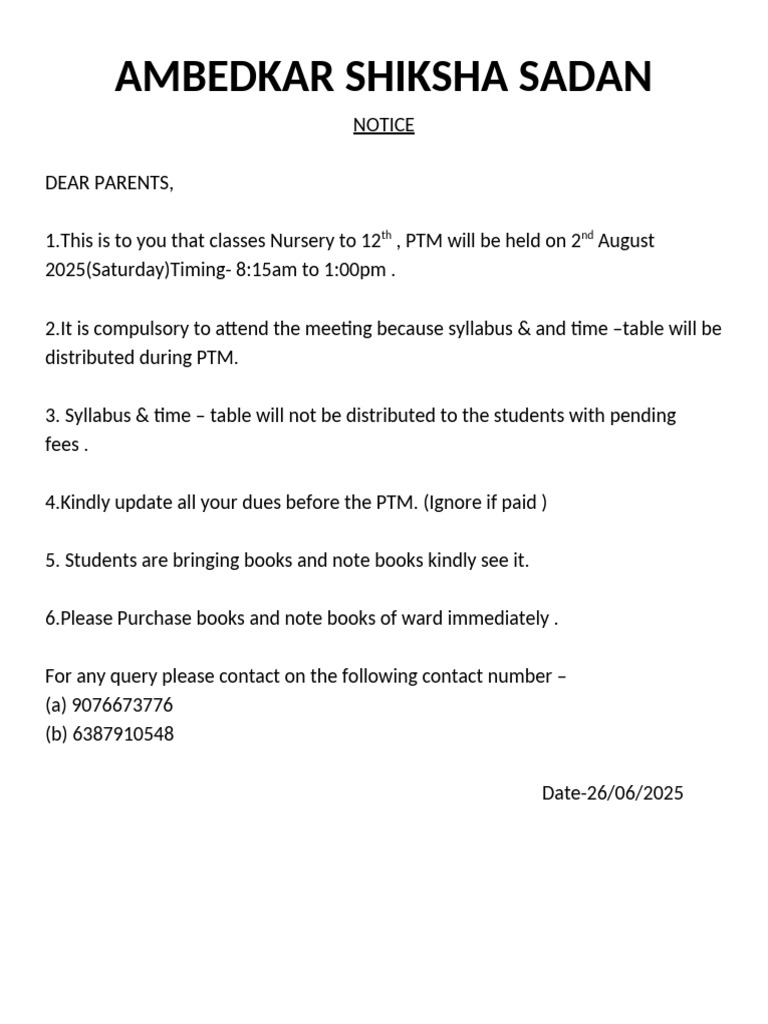 PTM Notice for Parents: August 2, 2025 | PDF