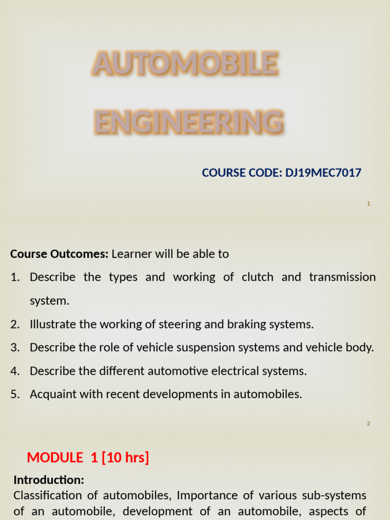 Automobile Engineering Course Overview | PDF | Manual Transmission | Clutch