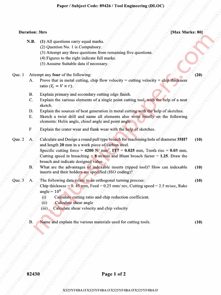 Be Mechanical Engineering Semester 6 2025 May Tool Engineeringrev 2019 ...