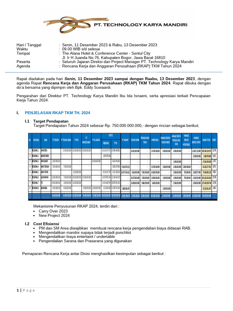 Rapat RKAP TKM 2024: Agenda & Target | PDF
