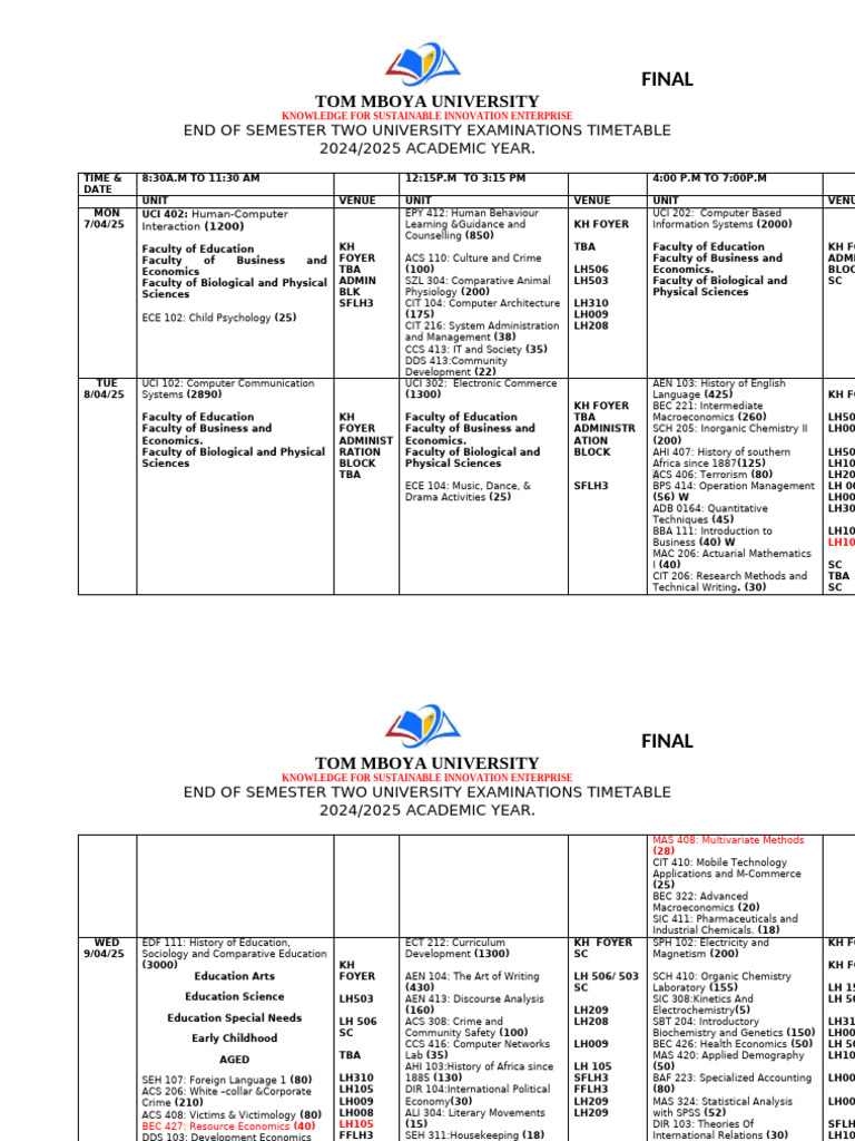 FINAL Semester Timetable 2025 April | PDF