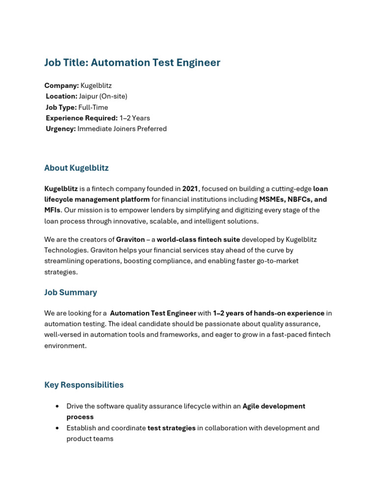 JD Kugelblitz Automation Test Engineer | PDF