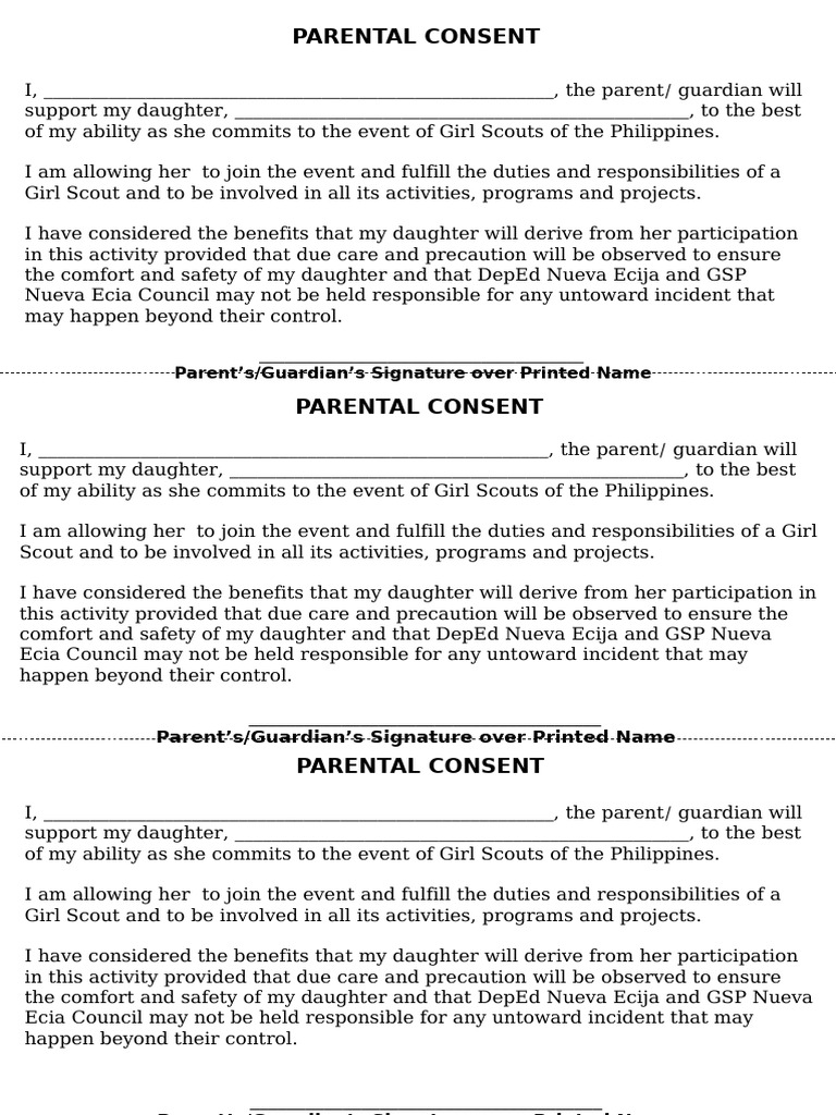 Gsp Parent Consent | PDF | Youth Movements | Girl Guiding And Girl Scouting