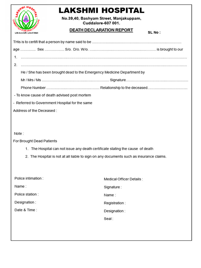 Death Declaration Report Template | PDF