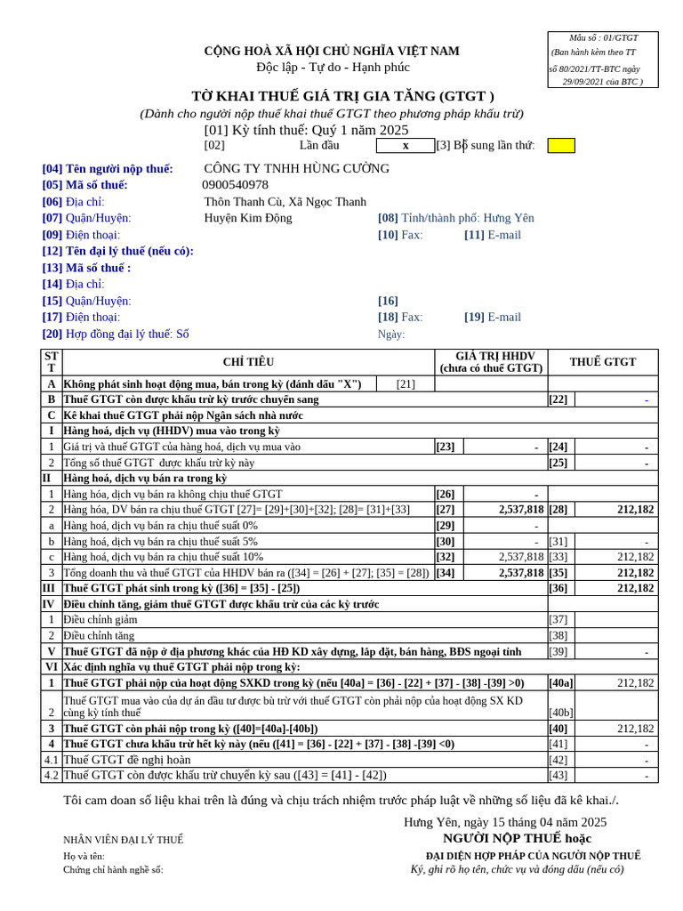 PL TO KHAI GTGT Q1-2025 Hùng Cường-L00 | PDF