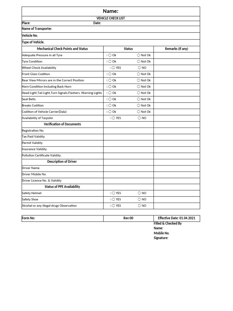 Vehicle Safety Inspection Checklist | PDF