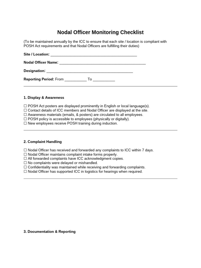 POSH Compliance Monitoring Checklist | PDF