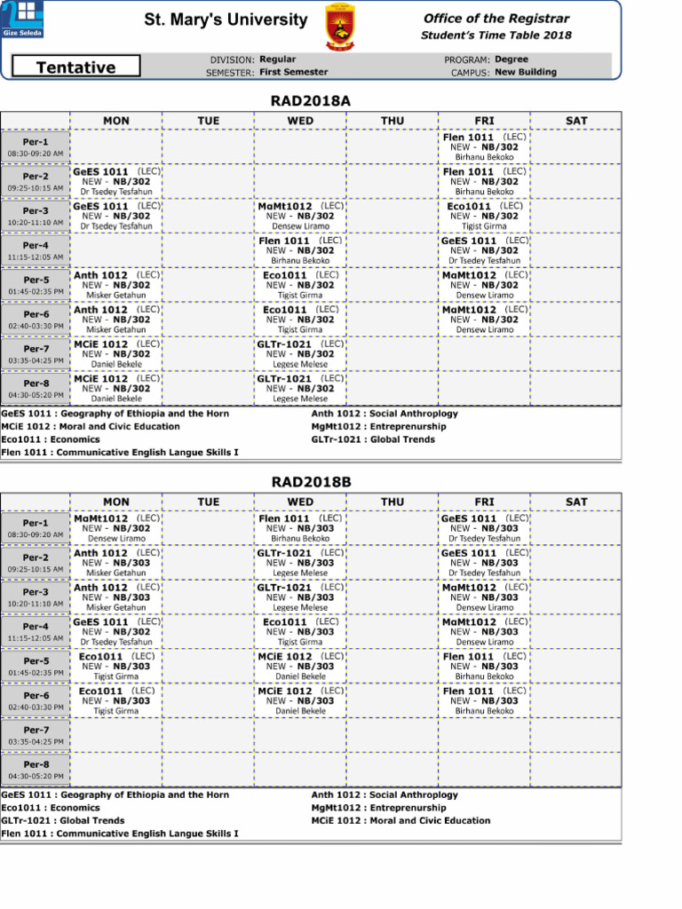 2018 E.C Regular Program New Entrants'Tentative Schedule | PDF