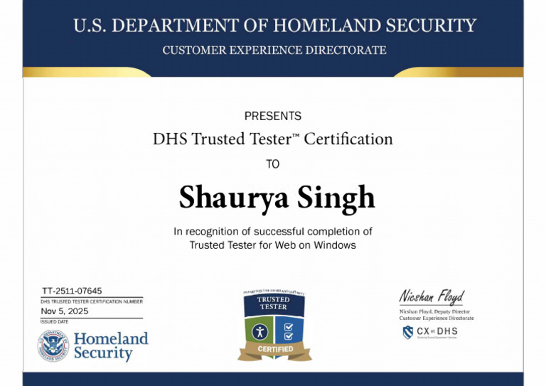 DHS Trusted Tester Certification Awarded | PDF