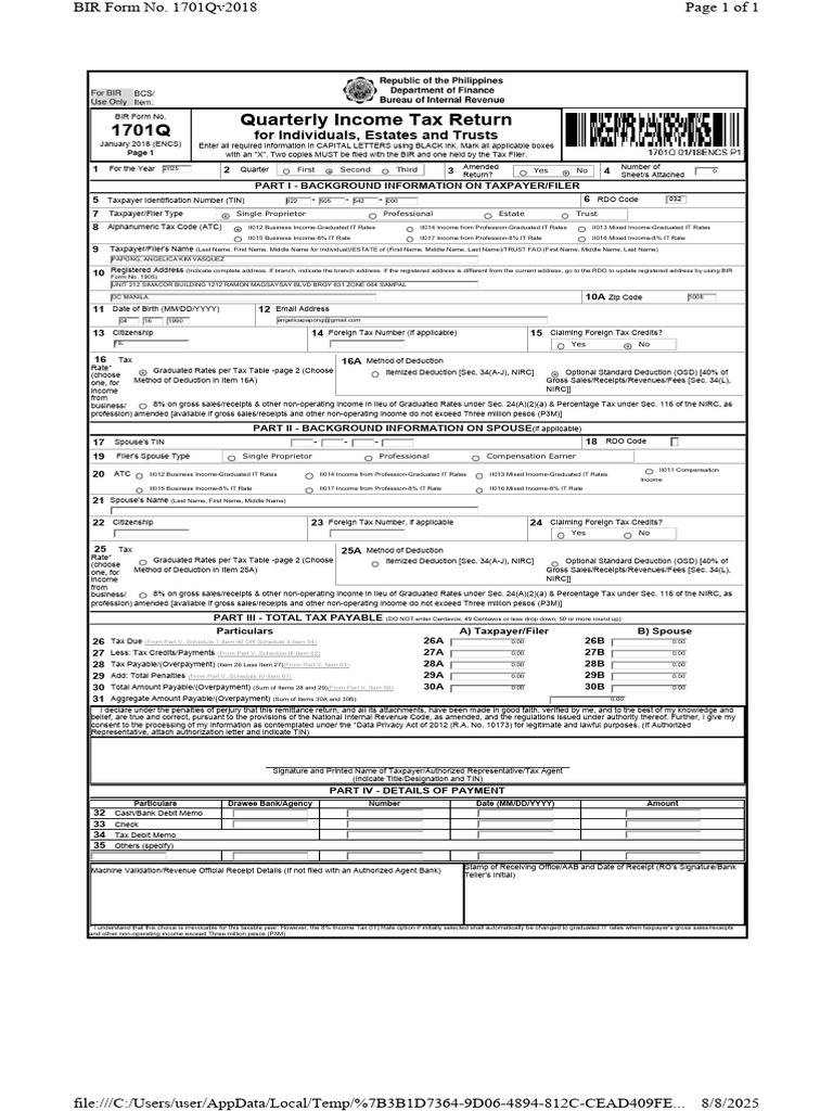 2025 Quarterly Income Tax Return Form | PDF | Tax Deduction | Taxes