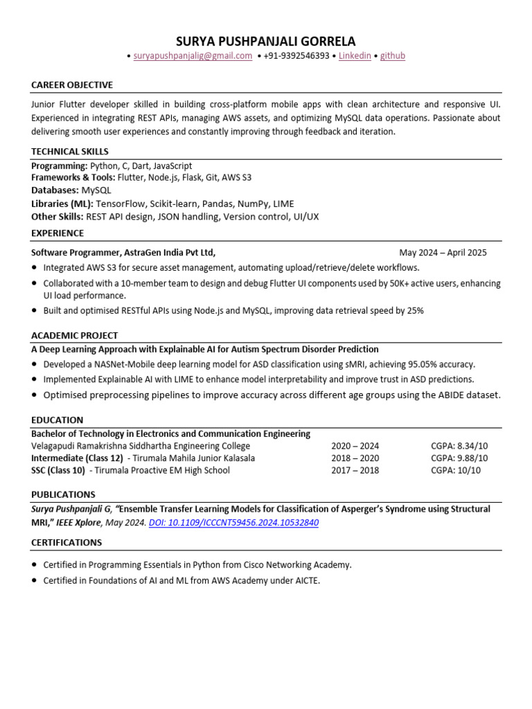 Junior Flutter Developer Resume | PDF