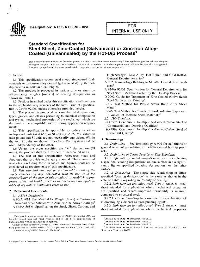 A 653-A 653m-02a Standard Spec For Steel Sheet, Zinc Coated | PDF