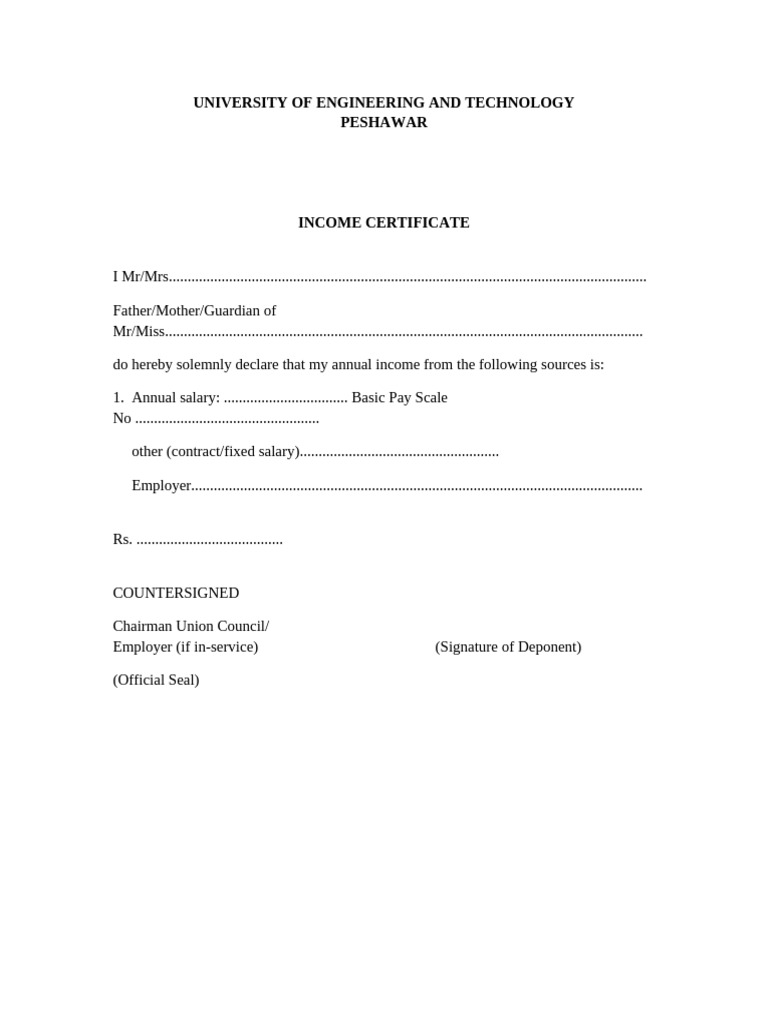 Income Certificate Template for UET Peshawar | PDF