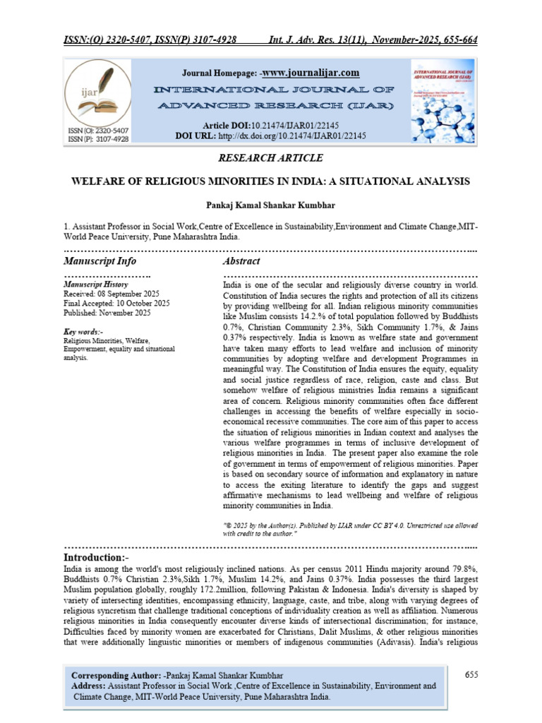 WELFARE OF RELIGIOUS MINORITIES IN INDIA: A SITUATIONAL ANALYSIS | PDF ...
