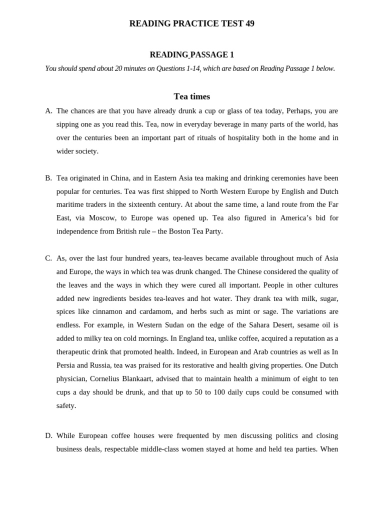 IELTS Reading Practice Test 49 | PDF | Tea | Drink