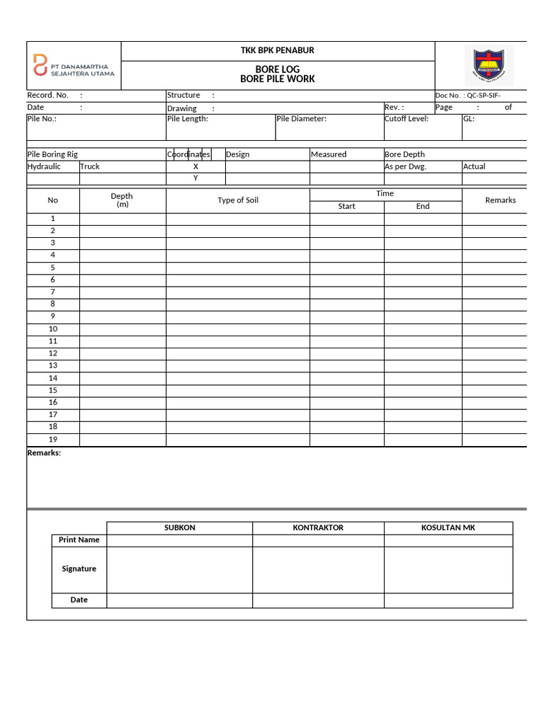 Bored Pile Inspection Report Template | PDF | Building Engineering ...