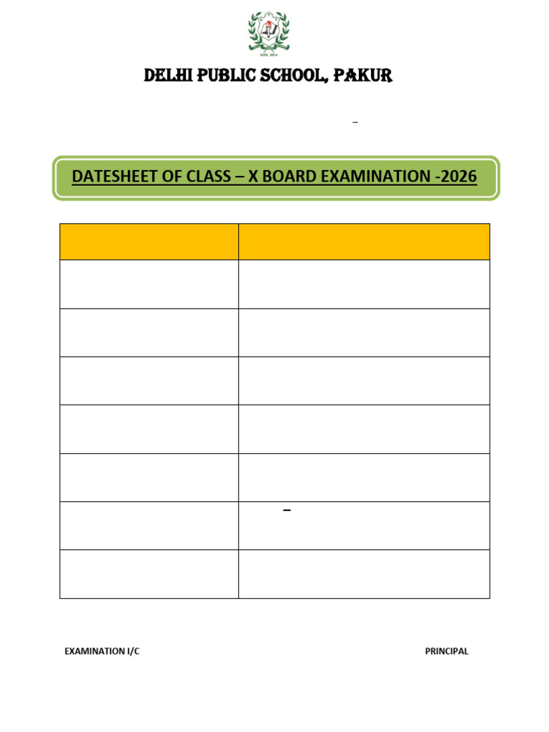 Class X Board Exam Datesheet 2026 | PDF