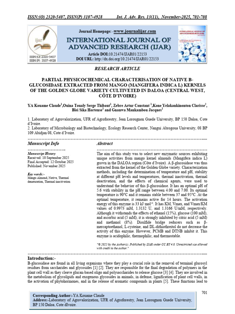 Characterization of Mango Kernel β-Glucosidase | PDF | Enzyme | Enzyme ...
