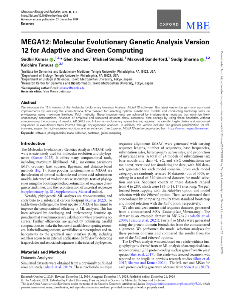 MEGA12: Enhanced Molecular Evolution Software | PDF | Phylogenetics ...