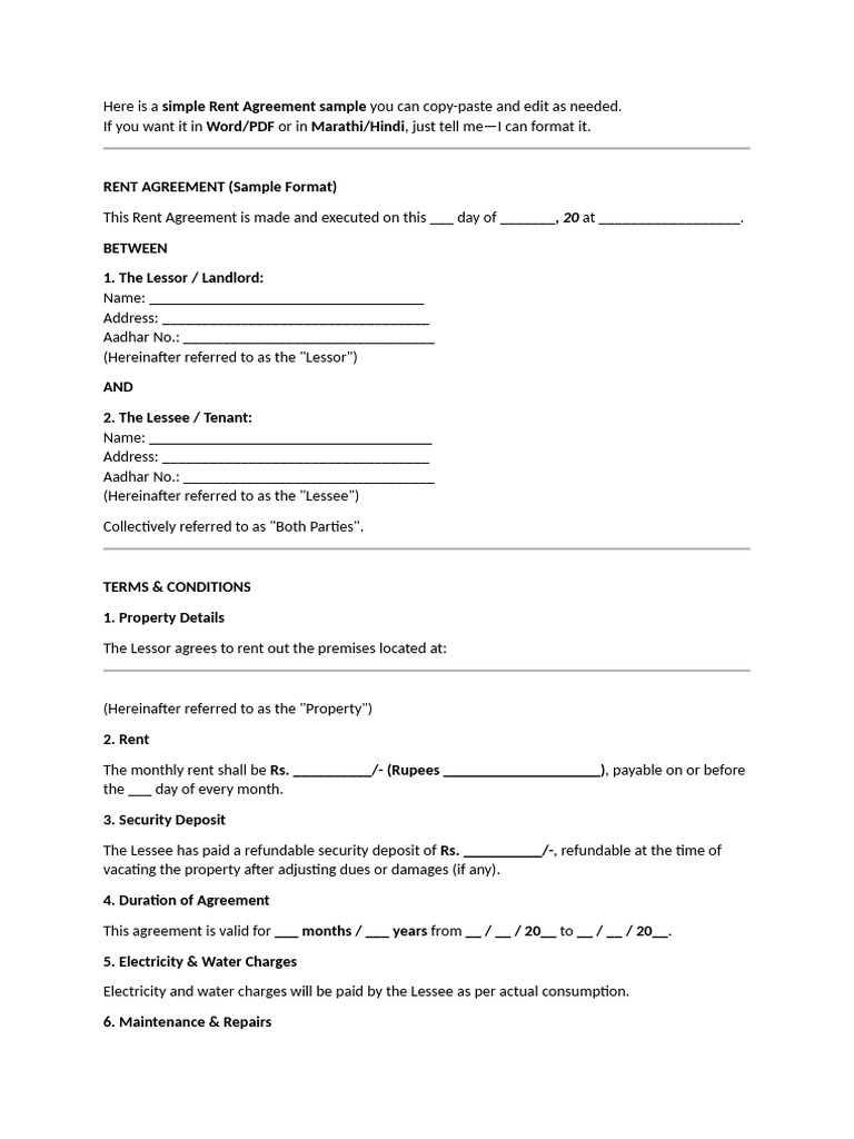 Sample Rent Agreement Template | PDF | Lease | Law And Economics