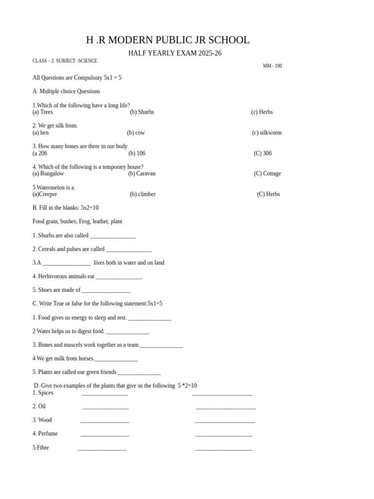 Class 2 Science Half Yearly Exam 2025-26 | PDF | Foods | Plants