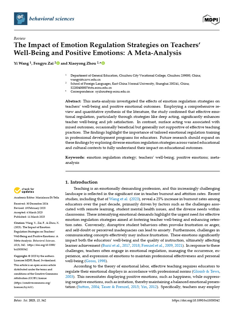 The Impact of Emotion Regulation Strategies On Teachers | PDF ...