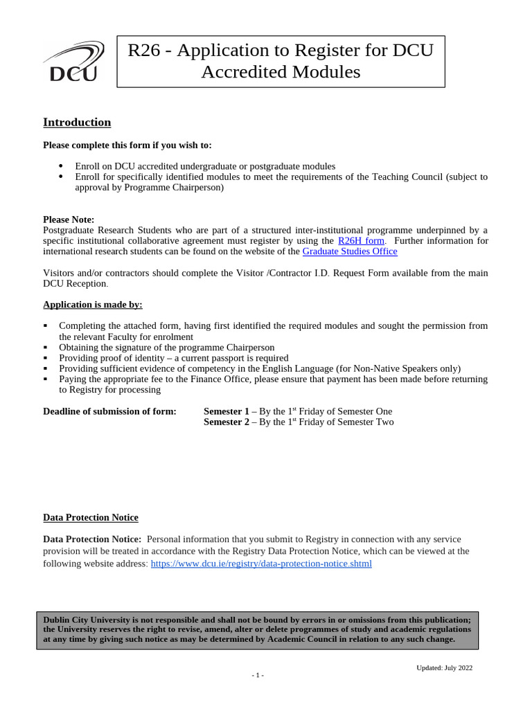 DCU Module Registration Application Form | PDF | Postgraduate Education