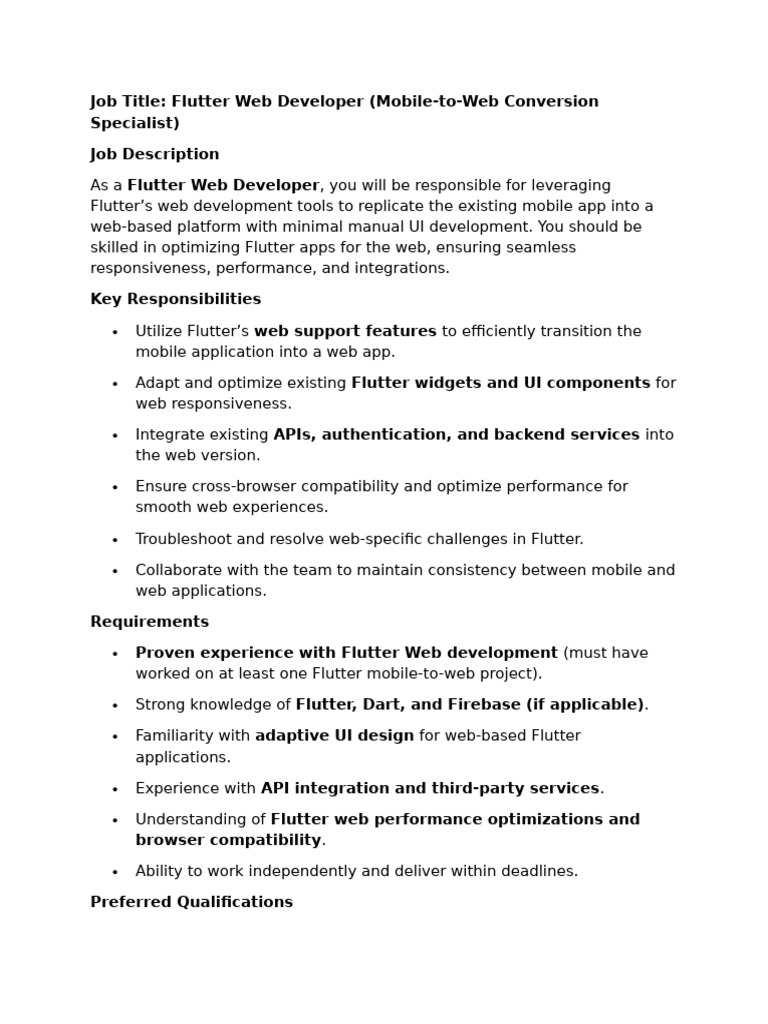 Job Description For Flutter Web Developer | PDF